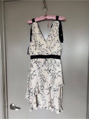 KAIA Women's Cream & Black Floral Wrap Midi Dress with Tie Straps